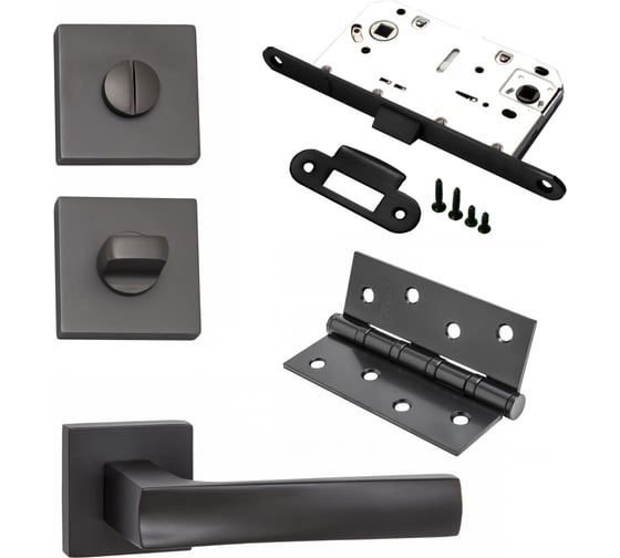 Изображение товара Комплект для межкомнатной двери PAULINIDOR ручки 527-03 + сантехническая защелка 96 PL + завертка AL 03 + врезные петли, 2 шт., черный 527-03 96PL AL03 4S BL