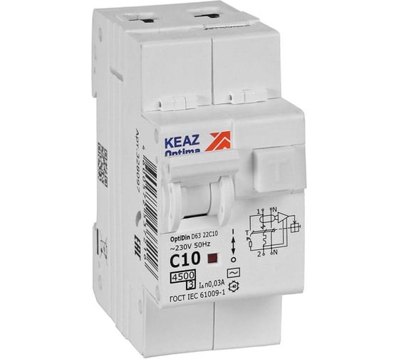 Изображение товара Автоматический выключатель дифференциального тока КЭАЗ 2п с защитой от сверхтоков OptiDin D63-22C10-AC-У3 C10 30мА 4.5кА 328097
