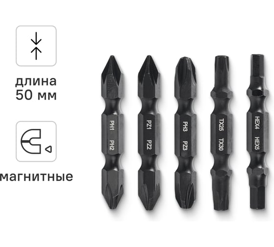 Изображение товара Набор бит для шуруповерта RAGE By VIRA магнитные двухсторонние 5 шт S2 PH1 x PH2 PZ1 x PZ2 PH3хPZ3 Tx25 x Tx30 Hex4 x Hex5 50 мм 554176