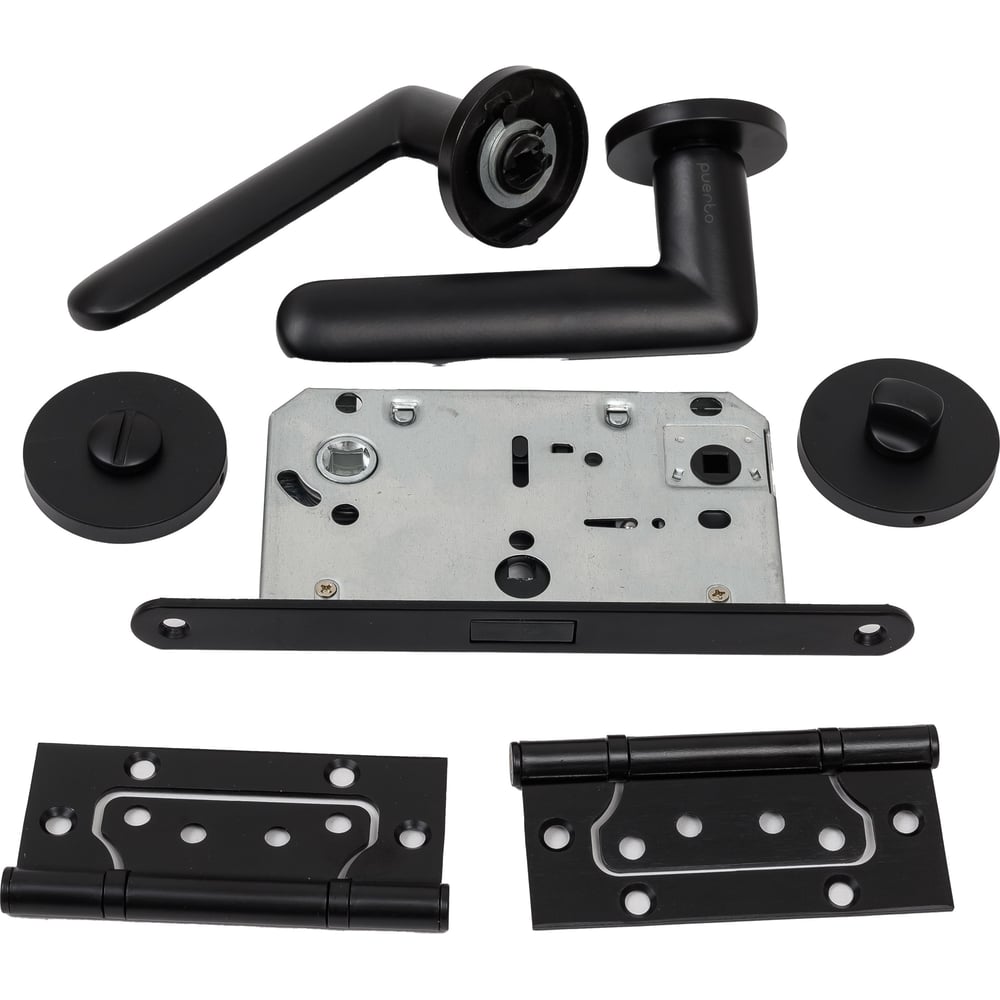 Изображение товара Комплект для межкомнатной двери PAULINIDOR ручки 545-06 slim, сантехническая магнитная защелка 5096, завертка AL 06 slim, петли 2 шт., черный 545-06slim5096AL062SBL