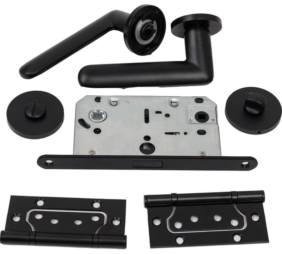 Изображение товара Комплект для межкомнатной двери PAULINIDOR ручки 545-06 slim, сантехническая магнитная защелка 5096, завертка AL 06 slim, петли 2 шт., черный 545-06slim5096AL062SBL