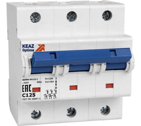 Изображение товара Автоматический модульный выключатель КЭАЗ 3п C 125А 15кА OptiDin BM125-3C125-8ln-УХЛ3 138546
