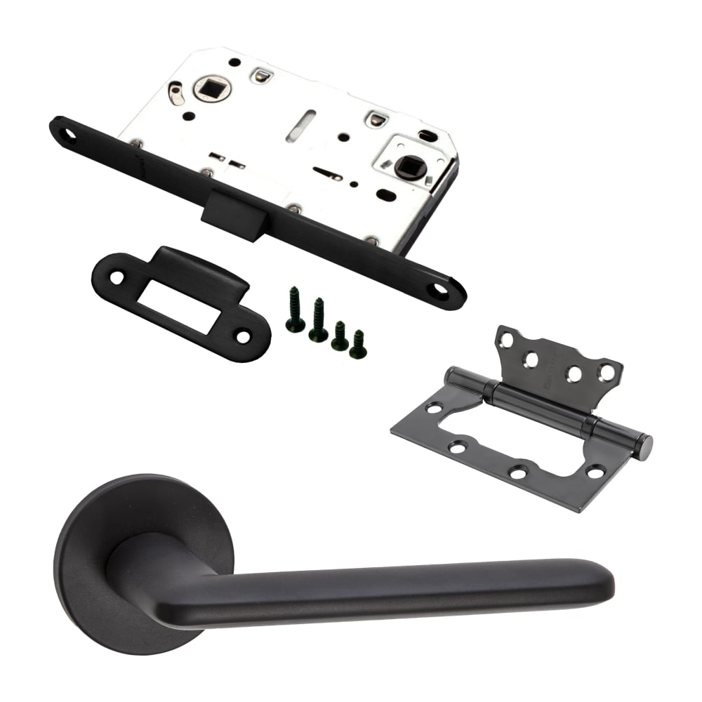 Изображение товара Комплект для межкомнатной двери PAULINIDOR Slim ручки защелка петли черный