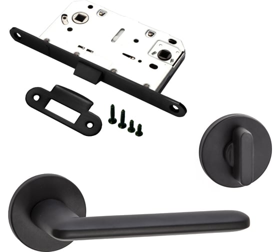 Изображение товара Комплект для межкомнатной двери PAULINIDOR ручки 546-06 slim, сантехническая защелка 96PL, завертка AL 06 slim, черный 546-06slim96PLAL06BL