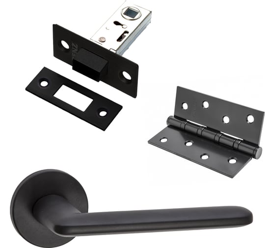 Изображение товара Комплект для межкомнатной двери PAULINIDOR ручки 546-06 slim, защелка магнитная 5-50, врезные петли 2 шт., черный 546-06slim5-504SBL