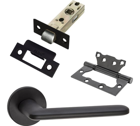 Изображение товара Комплект для межкомнатной двери PAULINIDOR ручки 546-06 slim, защелка 5-45 pl, петли б/врезки 2 шт., черный 546-06slim5-45pl2SBL