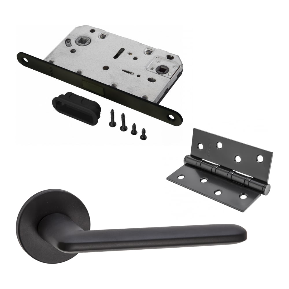 Изображение товара Комплект для межкомнатной двери PAULINIDOR ручки 546-06 slim защелка магнит петли черный