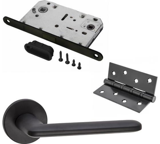 Изображение товара Комплект для межкомнатной двери PAULINIDOR ручки 546-06 slim, сантехническая магнитная защелка 5096, врезные петли 2 шт., черный 546-06slim50964SBL