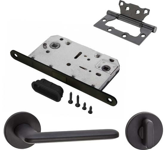 Изображение товара Комплект для межкомнатной двери PAULINIDOR ручки 546-06 slim, сантехническая магнитная защелка 5096, завертка AL 06 slim, петли б/врезки 2 шт., черный 546-06slim5096AL062SBL