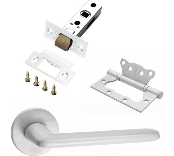 Изображение товара Комплект для межкомнатной двери PAULINIDOR ручки 546-06 slim, защелка 5-45 pl, петли б/врезки 2 шт., белый 546-06slim5-45pl2SMSW