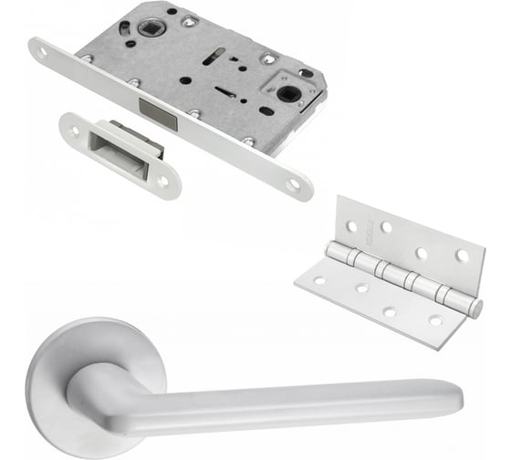 Изображение товара Комплект для межкомнатной двери PAULINIDOR ручки 546-06 slim, сантехническая магнитная защелка 5096, врезные петли 2 шт., белый 546-06slim50964SMSW
