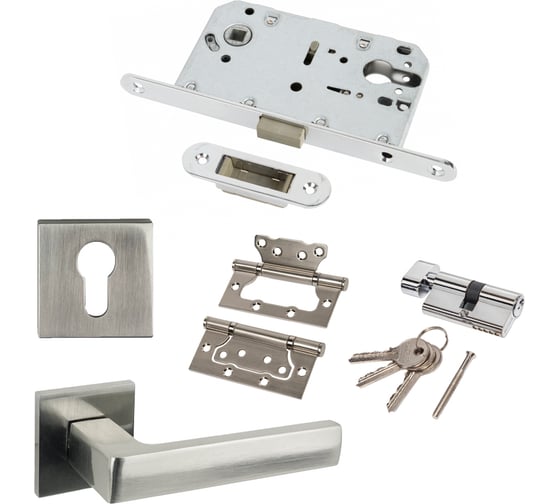 Изображение товара Офисный комплект для двери PAULINIDOR 541-03 slim, замок магнитный под цилиндр 5085, ключев AL 03, цилиндр (25-10-25), петли 2 шт., никель матовый 541-03slim5085AL03ЦИЛ2SSN