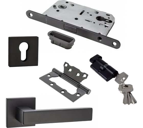 Изображение товара Офисный комплект для двери PAULINIDOR ручки 541-03 slim, замок магнитный под цилиндр 5085, ключевина AL 03, цилиндр (25-10-25), петли 2 шт., черный 541-03slim5085AL03ЦИЛ2SBL