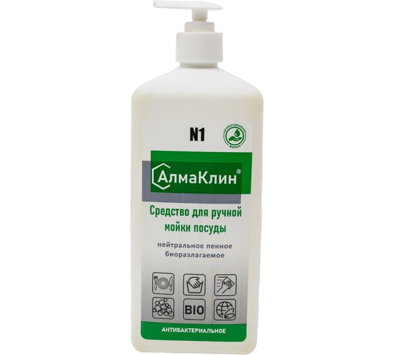 Изображение товара Нейтральное моющее средство для посуды ООО "БАЗОВАЯ ДЕЗИНФЕКЦИЯ" АлмаКлин антибактериальное, 1 л, дозатор-насос N1-АНТ-1Л