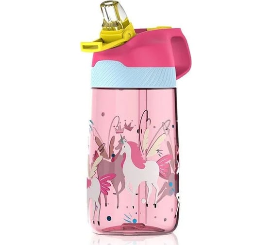 Изображение товара Пластиковая детская бутылка FJBOTTLE KJ-YY450 розовая, единорог, с соломинкой, 0.450 мл 450.0914