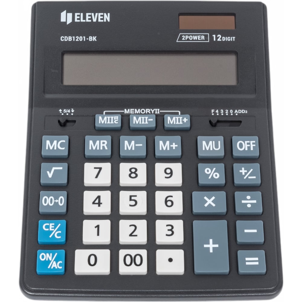 12-ти разрядный настольный калькулятор Eleven CDB1201-BK – незаменимый помощник в офисе, школе и дома. Оптимальный набор функций поможет автоматизировать расчёты: вычисление квадратного корня, коррекция последнего введенного значения, кнопка «00», двойная память, расчёт наценки. Двойное питание (солнечная батарея + батарейка AG10(LR1130)) и автоматическое отключение увеличивают срок службы. Упакован в картонную коробку. Размер калькулятора – 155*205*35 мм, вес – 200 г, цвет – чёрный. Гарантия 3 года. Eleven Business Line – линейка настольных калькуляторов для ежедневного использования в офисе по оптимальной цене. Эргономичная форма, крупные клавиши, устойчивые прорезиненные ножки позволят работать эффективнее. • Разрядность: 12; • Тип питания – двойное (солнечная батарея/батарейка AG10(LR1130)); • Клавиша «00»; • Двойная память; • Расчёт наценки; • Квадратный корень;