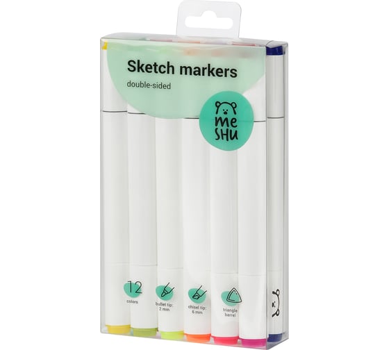 Изображение товара Набор двусторонних маркеров для скетчинга MESHU 12 цветов, основные и флуоресцентные цвета MS_38259