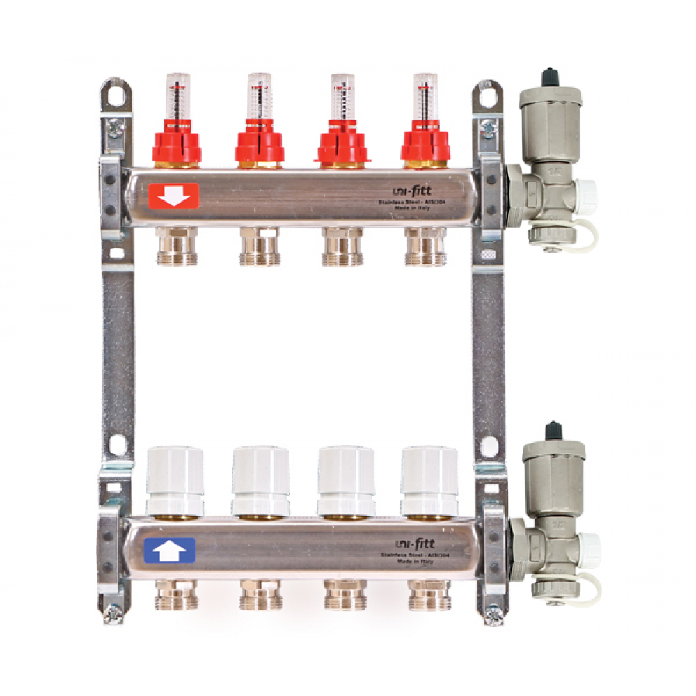 фото Коллекторная группа uni-fitt 1"х3/4", 4 выхода с автоматическими воздухоотводчиками, нержавеющая cталь 450a4304