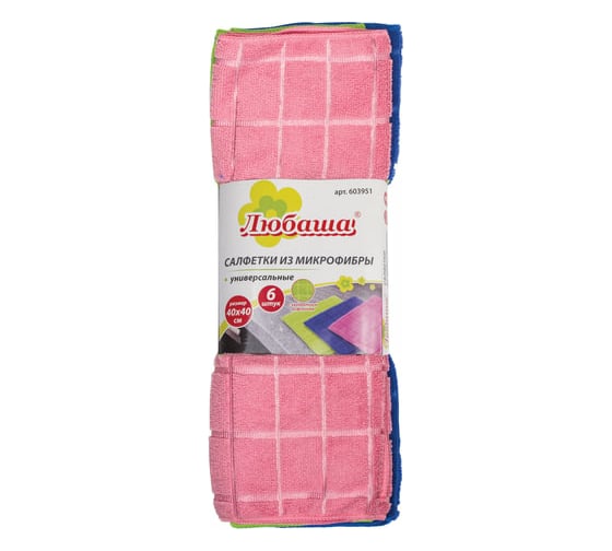 Изображение товара Салфетки универсальные 6 шт ЛЮБАША, 40 x 40 см, из микрофибра, квадратное тиснение, ассорти 603951