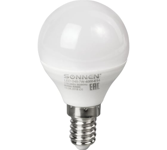 Изображение товара Светодиодная лампа SONNEN 7 Вт, цоколь Е14, шар, холодный белый свет, LED G45-7W-4000-E14, 453706