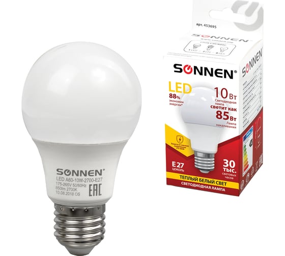 Изображение товара Светодиодная лампа SONNEN 10 Вт, цоколь Е27, 453695