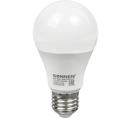 Изображение товара Светодиодная лампа SONNEN 12Вт, цоколь Е27, грушевидная, теплый белый свет, LED A60-12W-2700-E27 453697