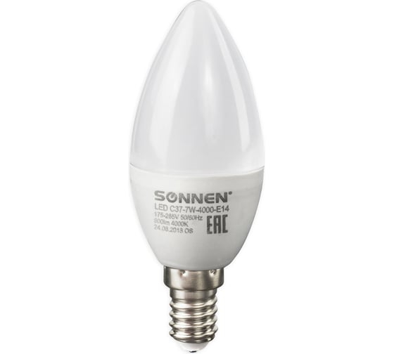 Изображение товара Светодиодная лампа SONNEN 7Вт, цоколь Е14, свеча, холодный белый свет, LED C37-7W-4000-E14, 453712