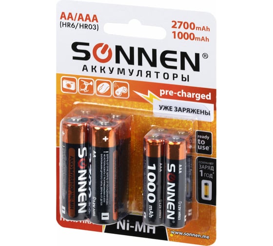Изображение товара Аккумуляторные батарейки SONNEN ni-mh пальчиковые/мизинчиковые набор 8 шт. (aa+ааа) 2700/1000 mah 455612