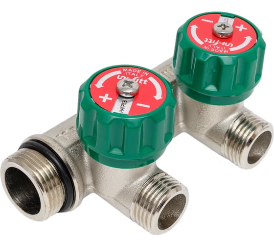 Изображение товара Коллектор Uni-Fitt НВ 3/4", 2х1/2", Н 50 мм с выходами под 90 град, под плоскую прокладку 411N3220