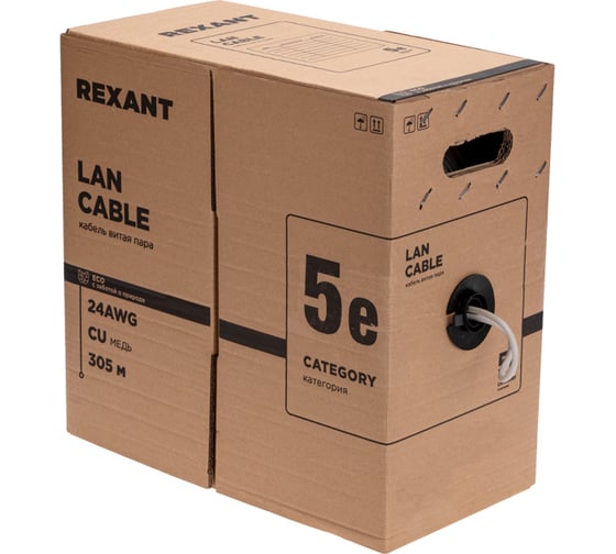 Изображение товара Кабель U/UTP REXANT CAT 5e, PVC, 4x2x0,50 мм, 24AWG, внутренний, серый, РФ 01-0043-R
