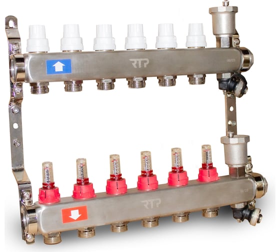 Изображение товара Коллекторная группа RTP с регулирующими клапанами, расходометрами, воздухоотводчиками, обратными и дренажными клапанами, кронштейном (евроконус 3/4"), нержавеющая сталь sus 304, 1"х 6 выходов 42498