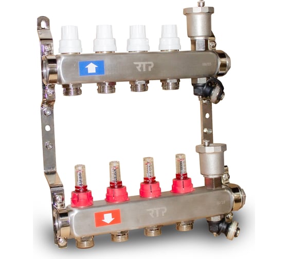 Изображение товара Коллекторная группа RTP с регулирующими клапанами, расходометрами, воздухоотводчиками, обратными и дренажными клапанами, кронштейном (евроконус 3/4"), нержавеющая сталь sus 304, 1"х 4 выхода 42496