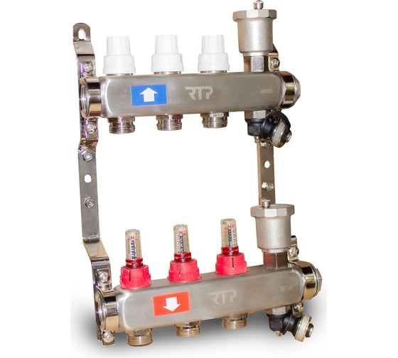 Изображение товара Коллекторная группа RTP с регулирующими клапанами, расходометрами, воздухоотводчиками, обратными и дренажными клапанами, кронштейном (евроконус 3/4"), нержавеющая сталь sus 304, 1"х 3 выхода 42494