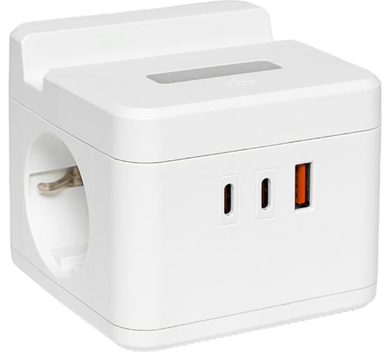Изображение товара Удлинитель EKF "Куб" 2 гнезда, USB + 2Type C с быстрой зарядкой, подставкой под телефон и ночником 1,3 метра 1мм2 UBA-CUB-2-FC