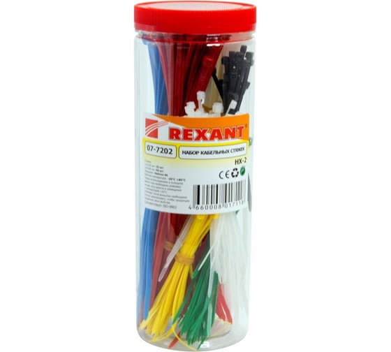 Изображение товара Набор нейлоновых стяжек REXANT 100, 200 мм, цветные, НХ-2, тубус 300 шт. 07-7202