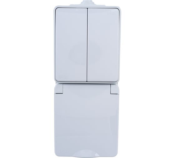 Изображение товара Блок: розетка + вертикальный двойной выключатель ЭРА Эксперт 11760803 IP65, 16A250В, ОУ Б0035999