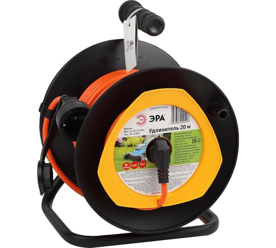 Изображение товара Силовой удлинитель ЭРА RPx1e3x1.5-20m, на пластиковой катушке, с заземлением, 20м, 1 гнездо, ПВС 3х1.5 Б0046837