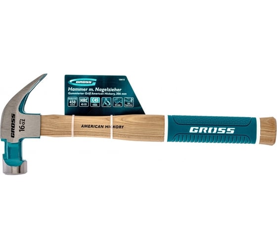 Изображение товара Молоток-гвоздодер GROSS American hickory 450г, угол 45, магнит, обрезиненная рукоятка 10415