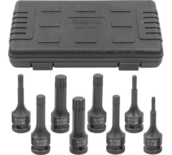Изображение товара Набор головок-бит ударных SPLINE 1/2''DR, 8-предметов M5, M6, M8, M10, M12, M14, M16, M18, в кейсе F-40811MPB Forsage 54598(54598)