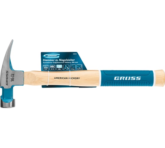 Изображение товара Молоток-гвоздодер GROSS American hickory 450г, угол 75, магнит, обрезиненная рукоятка 10418