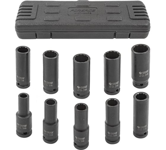Изображение товара Набор головок ударных глубоких 12-гранных 1/2", 10-предметов 10,12-15,17,19,21,22,24 мм, в пластиковом кейсе f-4107-9mpb Forsage 52974