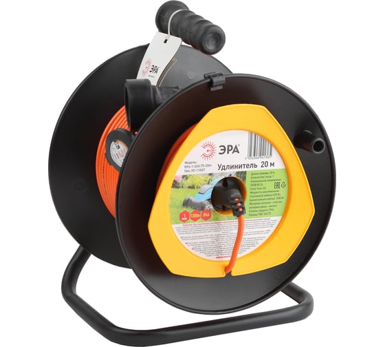 Изображение товара Силовой удлинитель ЭРА RPx12x0.75-20m, на пластиковой катушке, без заземления, 1 гнездо, 20м, ПВС 2х0.75 Б0043042