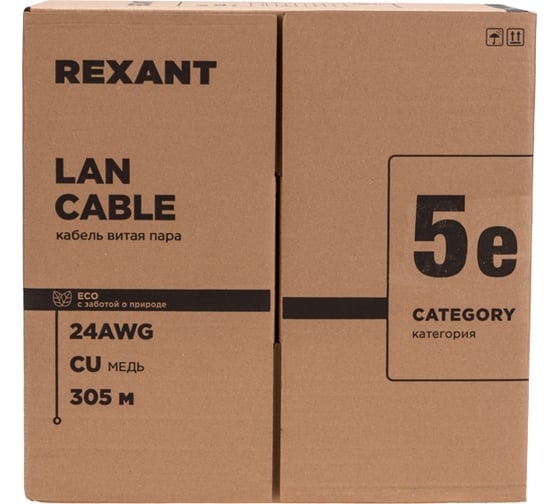 Изображение товара Кабель F/UTP REXANT CAT 5e, PE, 4x2x0,50мм, 24AWG, внешний, черный, (305 м/уп.), РФ 01-0146-R