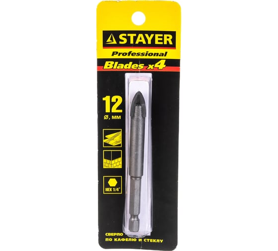 Изображение товара Сверло по керамике и стеклу с четырьмя режущими лезвиями PROFI 12 мм STAYER 2985-12_z01
