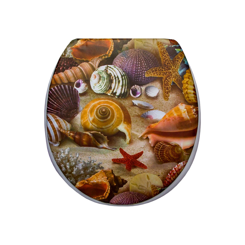 Изображение товара Мягкое сиденье для унитаза Сантис ракушки 002254 белое с рисунком, овал, 400 мм