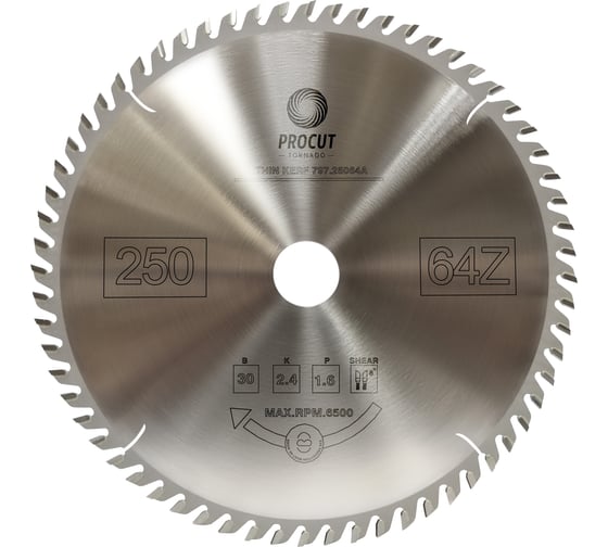 Изображение товара Диск торцовочный с тонким пропилом (250x30x2.4/1.6 мм; Z=64) PROCUT 797.2503064A