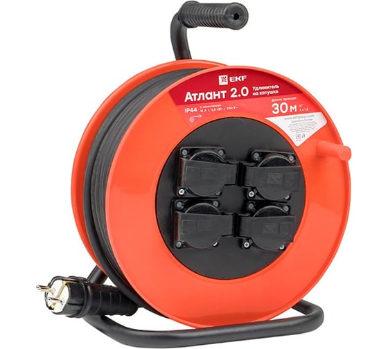 Изображение товара Удлинитель EKF Атлант 2.0, 4 гнезда, 30м, КГ 3x1.5, 16А/3,5кВт, IP44 UKA02-16-315R-4-30-IP44