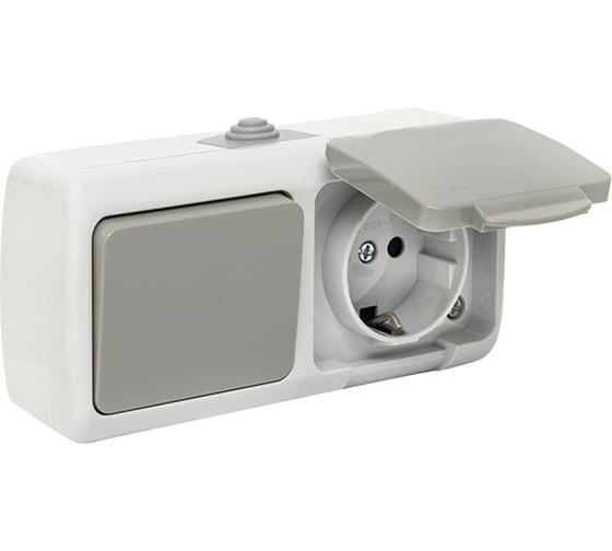 Изображение товара Блок: розетка 1-м 16А с заземлением, с крышкой + 1-кл выключатель EKF Мурманск, IP54, серый EFRV16-050-30-540