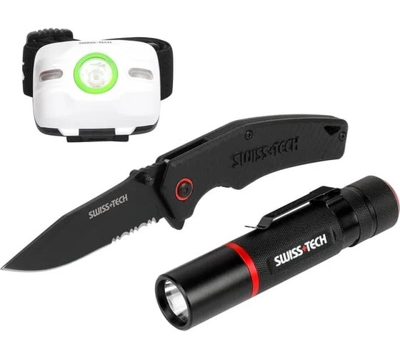 Изображение товара Набор Swiss+Tech нож складной, фонарик, фонарик налобный ST001046
