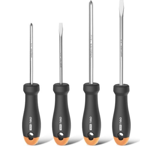 Изображение товара Набор отверток DELI «Home Series Gray» HT1004C 4шт (PH1x100, PH2x150, SL5x100, SL6x150, Cr-V, Soft Touch рукоятка, эксклюзивный дизайн) 130282